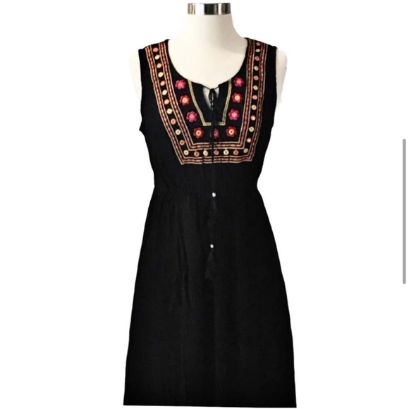 Black Cotton Embroidered Dress Sleeveless Boho Midi Large Casual NWT - Picture 5 of 7